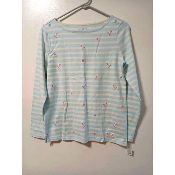 Talbots womens small boat neck blue stripe longsleeve shirt ice skating theme - Picture 1 of 5